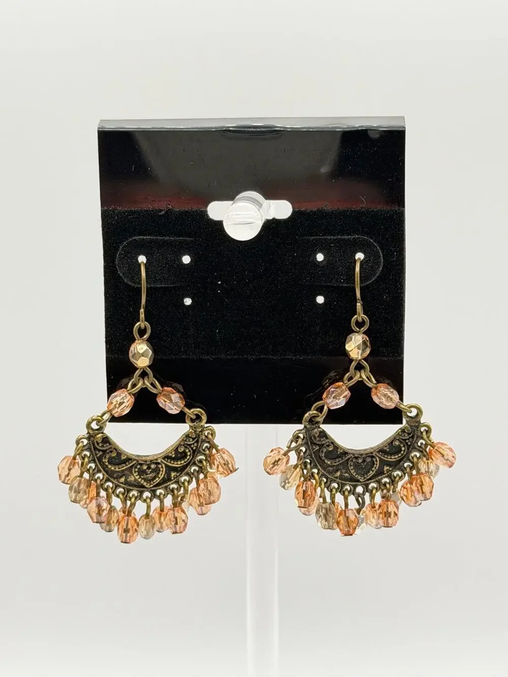 Antique Brass Beaded Boho Chandelier Earrings | Peach Crystal